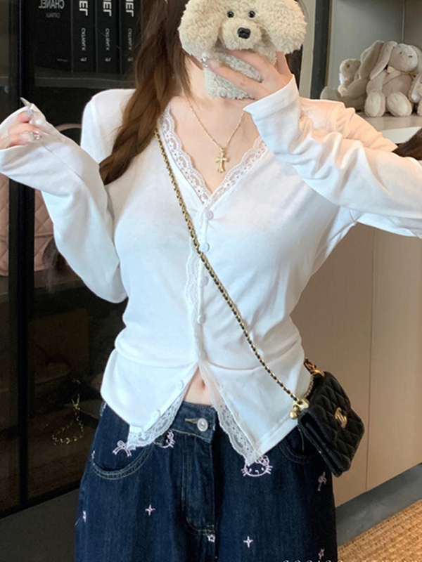 法式少女蕾丝花边软糯开衫女早秋修身V领外套超好看漂亮上衣2025|undefined