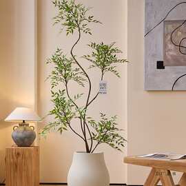 仿真绿植高端轻奢室内植物盆栽南天竹假树简约原木风格装饰