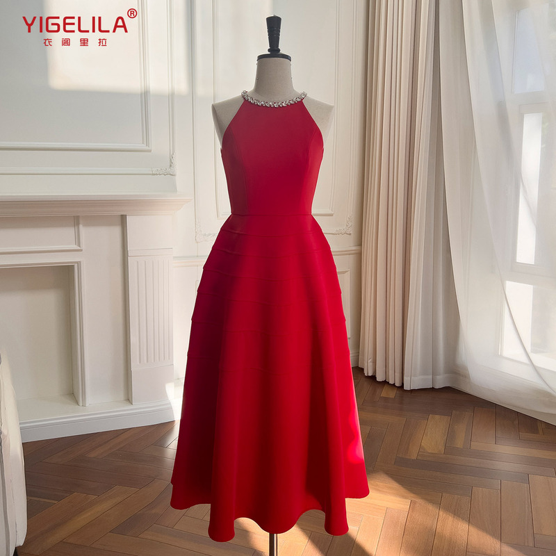 French-Style Socialite Elegant Dress, Three-Dimensional Cut, Slim Long Dress, Light Luxury Rhinestone Round Neck Sleeveless Gown 69512