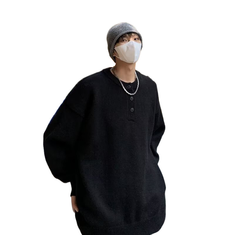 겨울 유행 브랜드 솔리드 컬러 다재다능한 헨리 넥 스웨터 남성용 미국식 느슨한 통근 두꺼운 라운드 넥 니트 울 스웨터