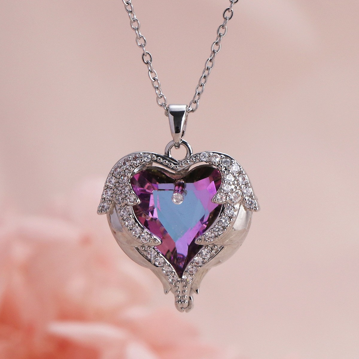 Collar de corazón de océano para mujer – colgante de cristal en forma de corazón, cadena de clavícula de acero inoxidable