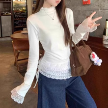 一件代发秋冬保暖内搭280克德绒蕾丝半高领长袖T恤女小众系带上衣