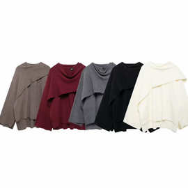 不对称短袖围巾短款针织大衣外套2024秋冬外贸女装批发新款