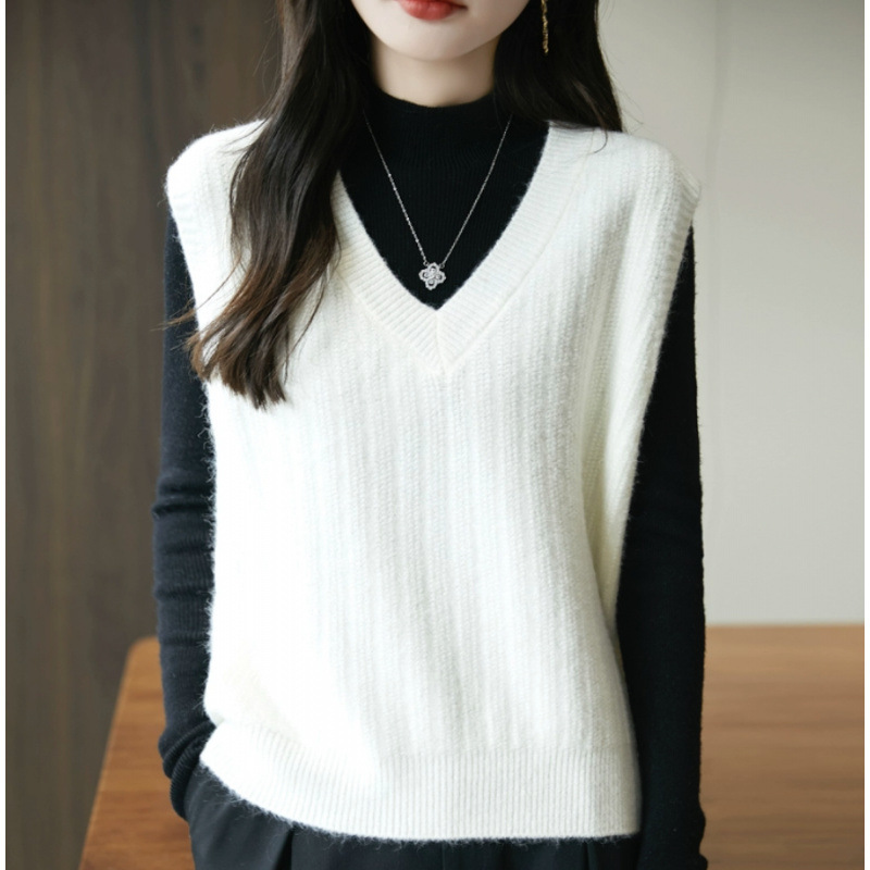 2025 nuevo chaleco de punto de mujer suéter de hombro sin mangas perezoso con cuello en V chic plegado chaleco superior image 3