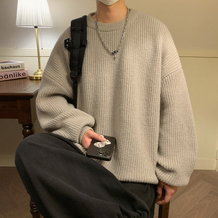 Japanese Crewneck Solid Color Basic Sweater Men's Autumn and Winter New All-match Couple Thick Needle Texture Sense Heavy Knitted Sweater