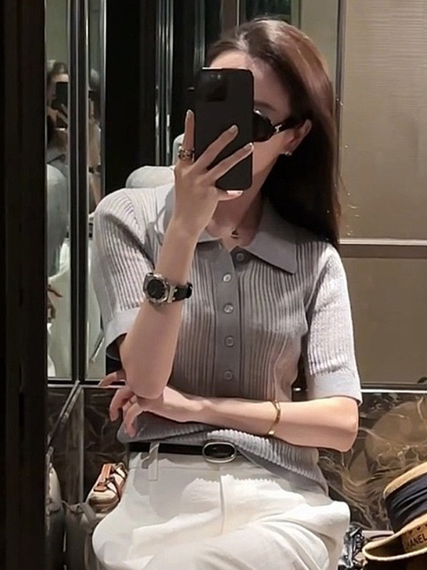 韓国シックな高級グレーポロカラー半袖Tシャツレディース夏通勤年齢軽減ライトトップ|undefined