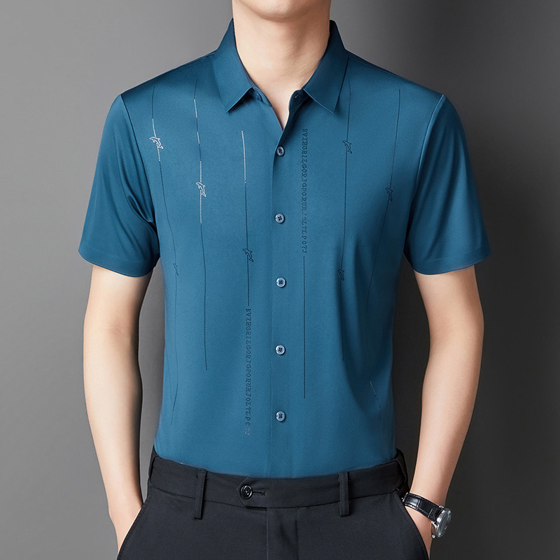 men's silk summer casual elastic thin universal breathable shirt