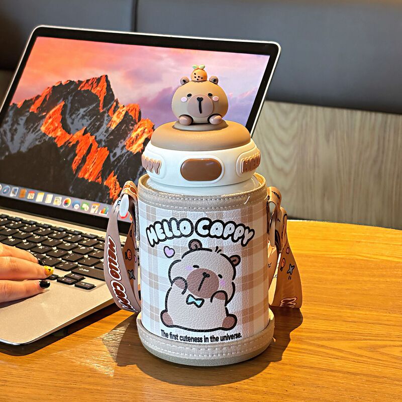 かわいい Kapibara 子供用ポットとカップセット学生魔法瓶カップ調節可能なカップロープポータブルシリコンノズル飲料カップ|undefined
