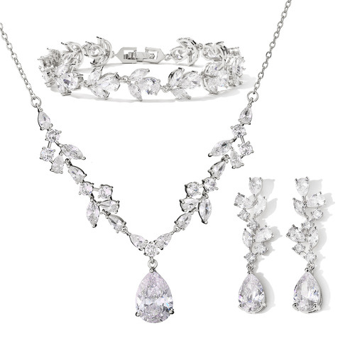 RAKOL European and American Luxury Waterdrop Zircon Bridal Jewelry Set: Women's Necklace, Earrings, and Bracelet – A Three-Piece Ensemble