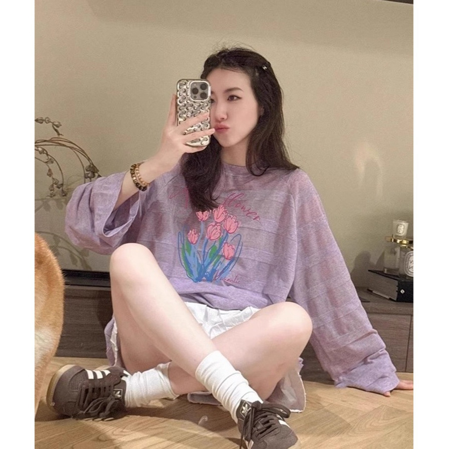 Purple Printed Round Neck Long-Sleeved Casual T-Shirt for Women in Autum Korean Style Lazy Style with Beautiful Age-Reducing Thin Tops