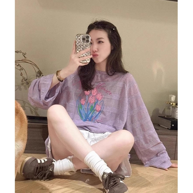 Purple Printed Round Neck Long-Sleeved Casual T-Shirt for Women in Autum Korean Style Lazy Style with Beautiful Age-Reducing Thin Tops