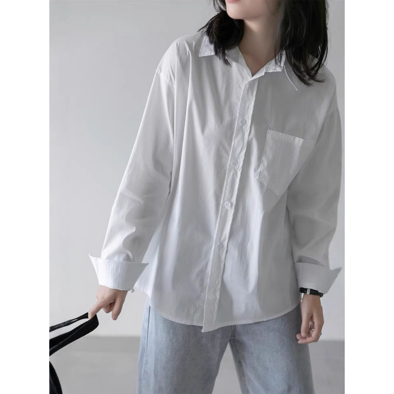 Mid-Length White Long-Sleeved Shirt Jacket for Women, Spring & Fall Layering, Korean Style Loose Bf Lazy Style Shirt Casual Top