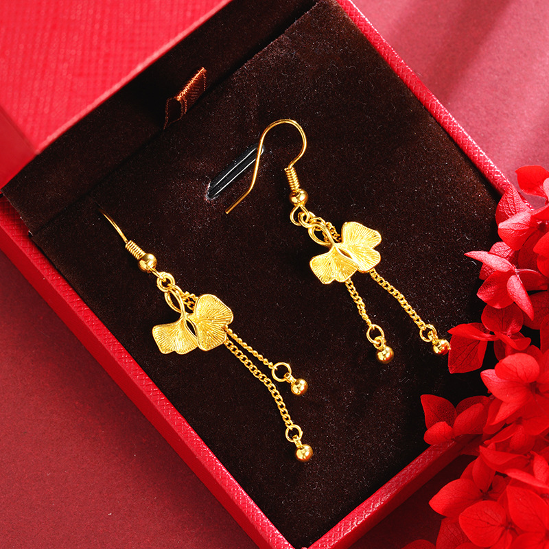 Ginkgo biloba arudo vietnamita pendientes de orejas frillones alta sensación de lujo ligero chapado en oro no desvanecer joyas accesorios al por mayor