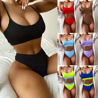 骏彤2022欧美新款比基尼时尚纯色蛇仔布拼接高腰分体女泳衣bikini