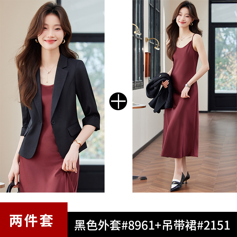 Black jacket, slip dress