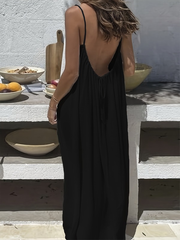 Women'S Solid Color Open Back Tie Loose Casual Long长裙|undefined