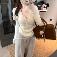 纯欲低领修身打底衫女早秋2025新款内搭高级感毛衣长袖针织衫上衣