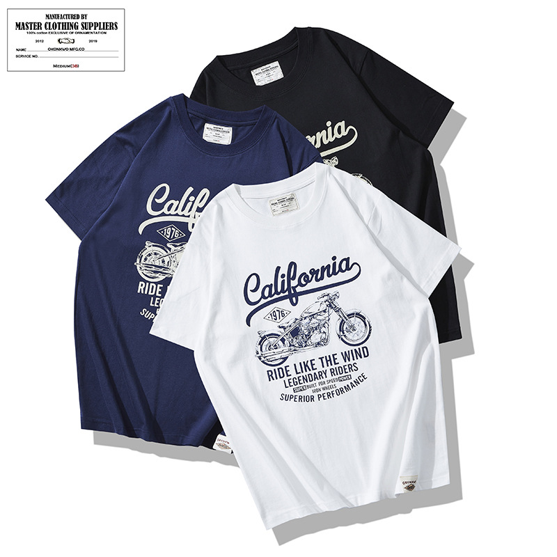 OKONKWO 2021SS nacional moda 1976 motocicleta impresa camiseta 200g hombres cuello redondo manga corta