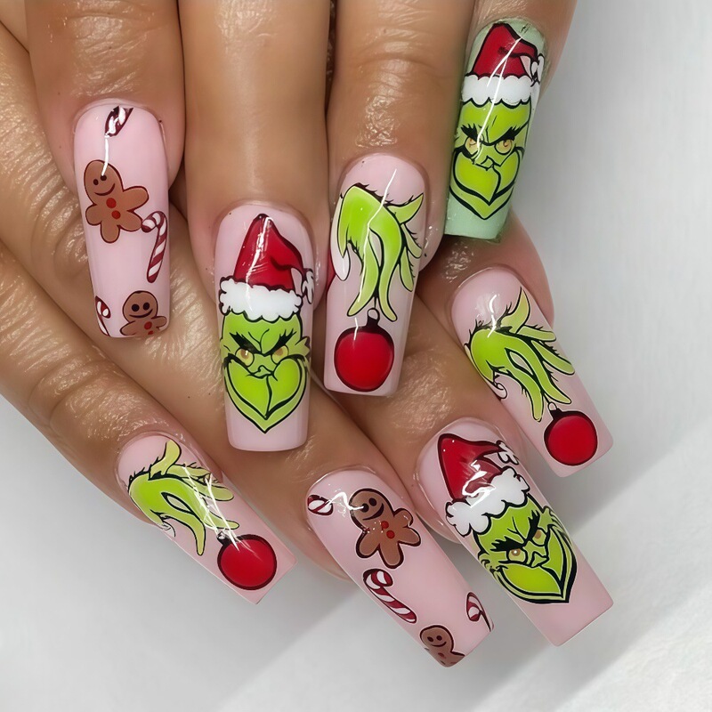 Christmas Green Furry Monster Grinch Nail Art Long Ballet T-Shaped Wearable Nails Christmas Ball Fake Nail Tips 2501