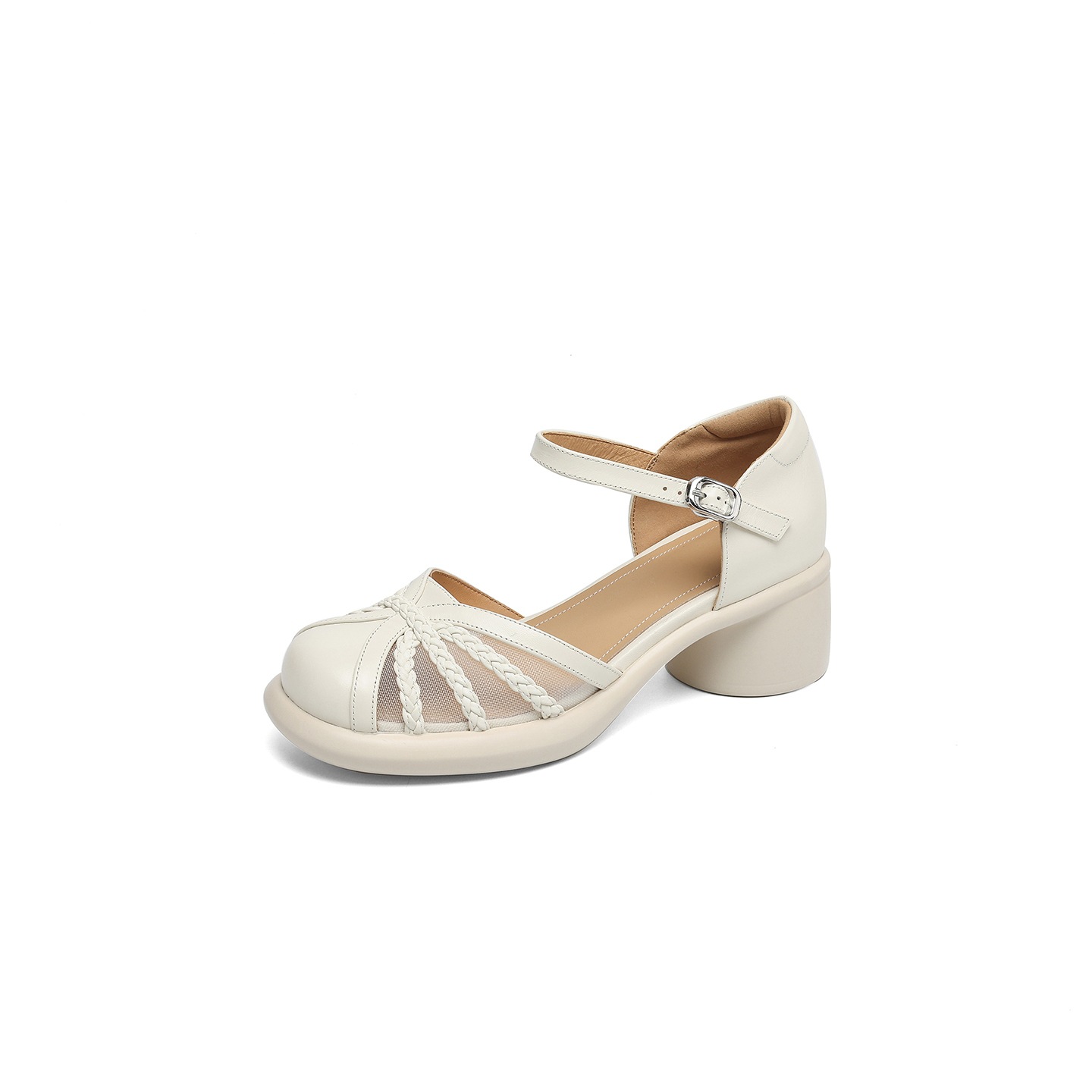 Sandal quai ngang nữ mũi bao da bò gót dày kiểu La Mã lưới rỗng — đen