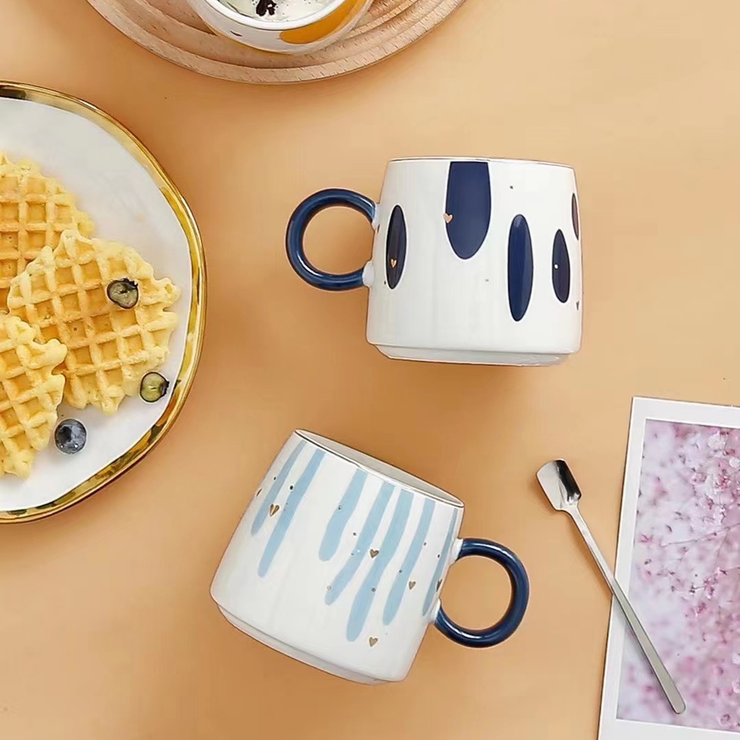 Estilo japonés pintado a mano taza abstracta personalidad simple cerámica oficina pintura oro beber taza con tapa cuchara taza de café