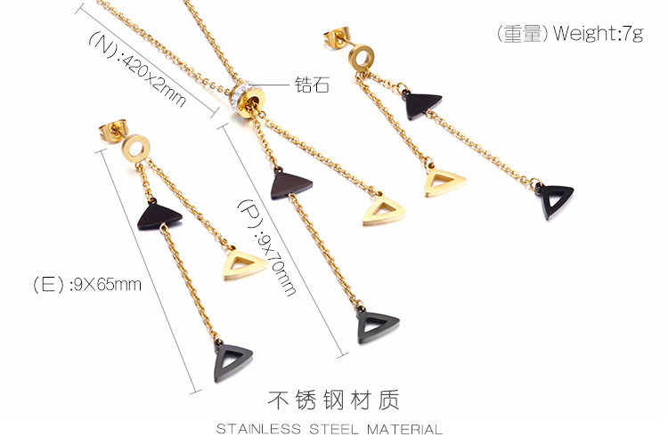 Korean geometric triangle long tassel necklace earrings ladies stainless steel jewelry set wholesale