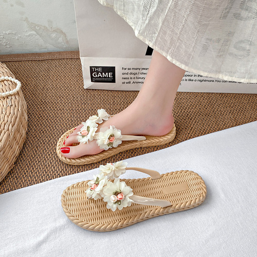 Floral women's summer slippers for outdoor wear, flat, water-resistant, beach herringbone sandals, pair with dresses, bohemian beach shoes