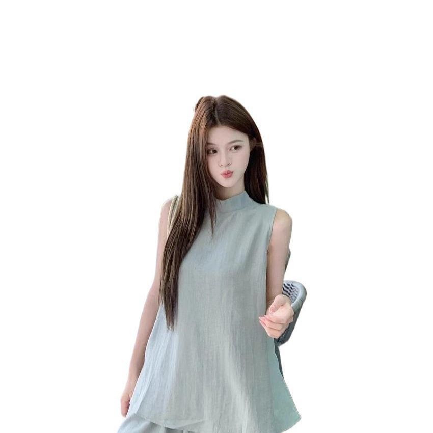 棉麻老钱风运动套装女夏季慵懒风宽松无袖上衣时尚阔腿长裤两件套