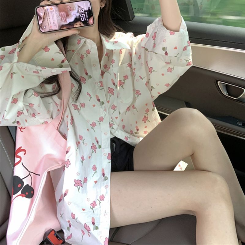 (2개) 신선한 스타일 빈티지 꽃 폴로 칼라 긴팔 셔츠 여름 느슨한 슬리밍 올 매치 얇은 외부 착용 여성을위한 태양 보호 의류