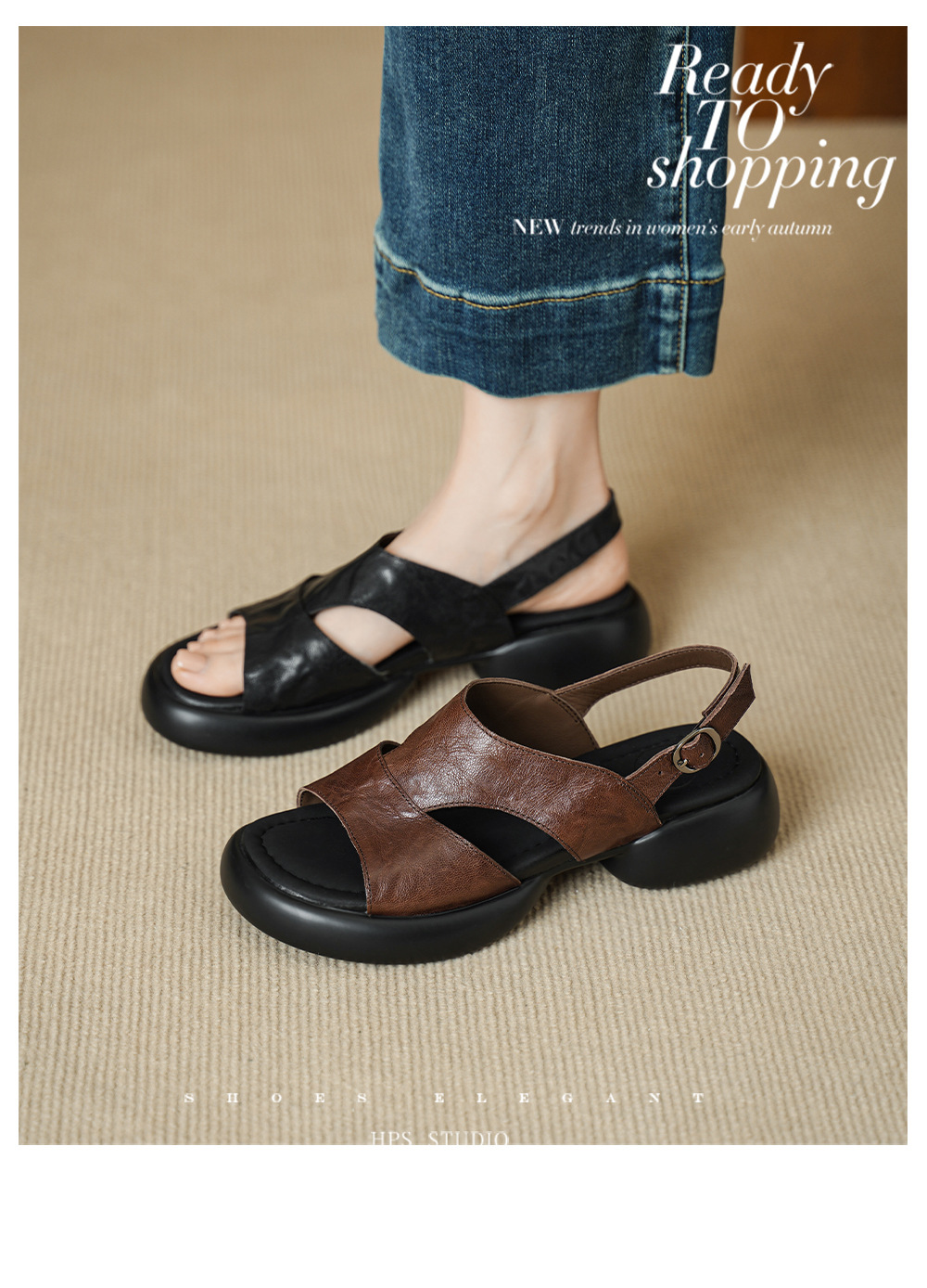 Sandal nữ hở mũi đế dày 4 cm da cừu quai chữ T khóa — màu nâu chi tiết 3