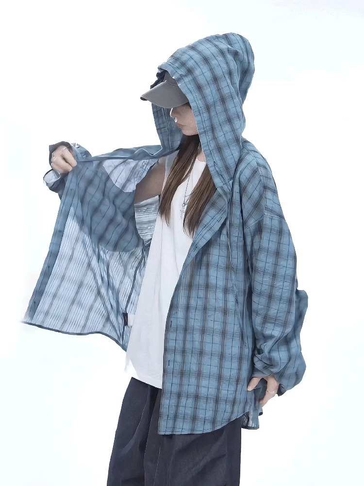 American Style Physical Sun Protection Textured Plaid For Men And Women, Summer Thin Couple's Versatile Shirt Jacket,_viptrois.com