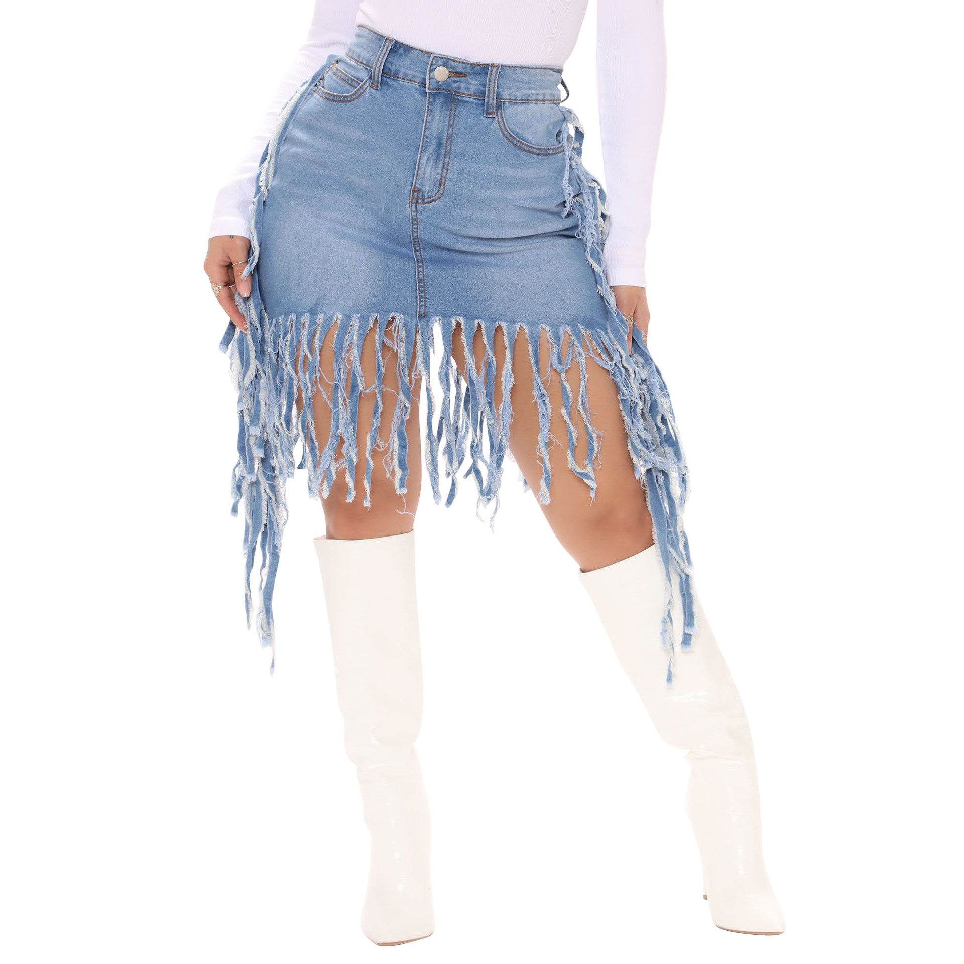 sexy washed fringed high waist denim skirt NSSF64733