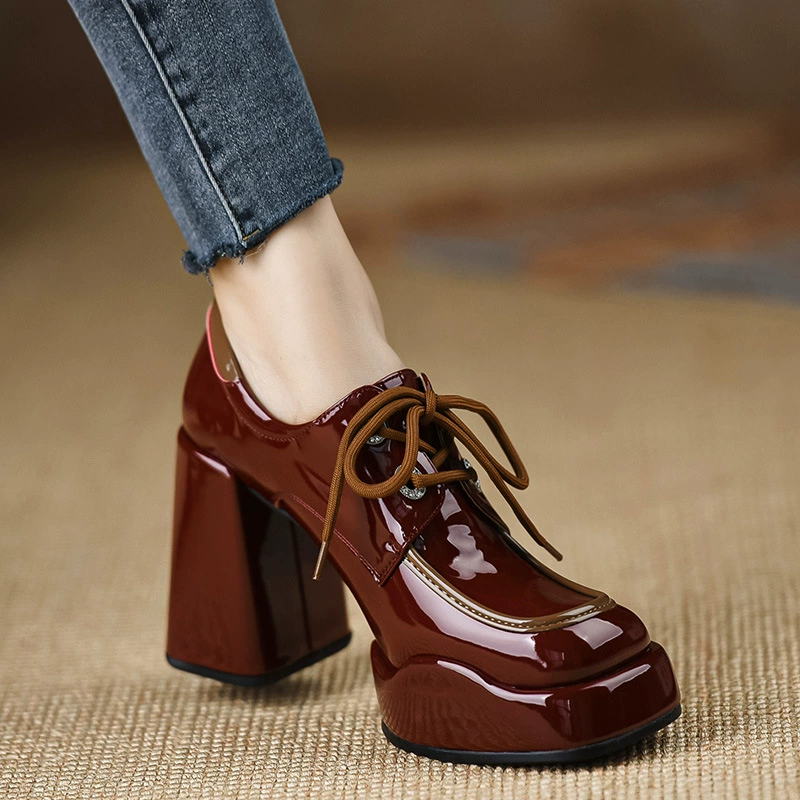 Толстые каблуки женские туфли на каблуках 2025 новая водонепроницаемая платформа шнуровка женская обувь темперамент толстые каблуки