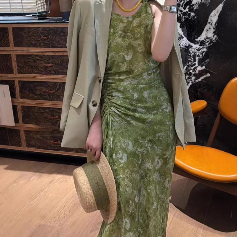 2026 Bohemian Silk Spaghetti Strap Long Dress with Drawstring, Pleated, Slimming, Printed, Sleeveless, Elegant Dress 30 2026 Bohemian Silk Spaghetti Strap Long Dress with Drawstring, Pleated, Slimming, Printed, Sleeveless, Elegant Dress 30