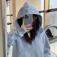 Вышивка LULU Оригинальный логотип Scuba Ladies Свободный полузастежка на молнии свитер с бархатной осенне-зимняя Йога толстовка с капюшоном