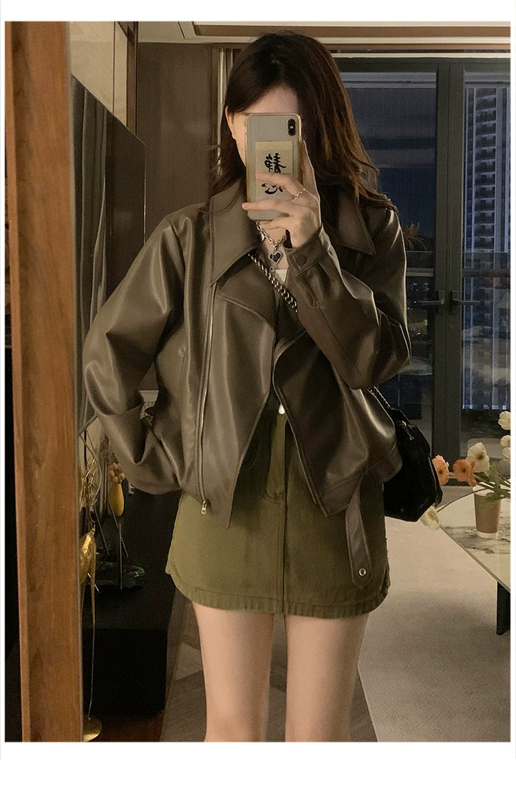 Американский ретро кожаный пиджак женский 2024 осень маленький человек свободный тонкий мотокостюм короткая куртка топ