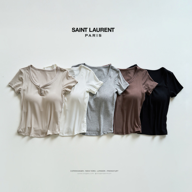 Women's Summer Henry Collar New Ribbed Slim-Fit Short-Sleeve T-Shirt with Built-In Bra and Chest Pads Women's Summer Henry Collar New Ribbed Slim-Fit Short-Sleeve T-Shirt with Built-In Bra and Chest Pads