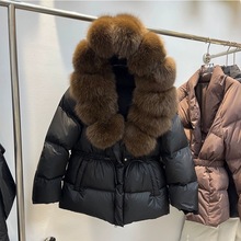 欧洲站2025新款天然狐狸大毛领连帽羽绒服女短款收腰加厚保暖外套