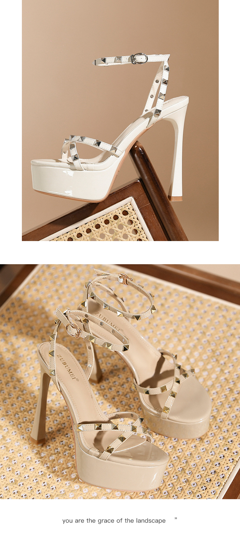 Sandal cao gót nữ quai chéo đế platform, gót nhọn 9 cm, hở mũi đính đinh tán — trắng ngà chi tiết 8