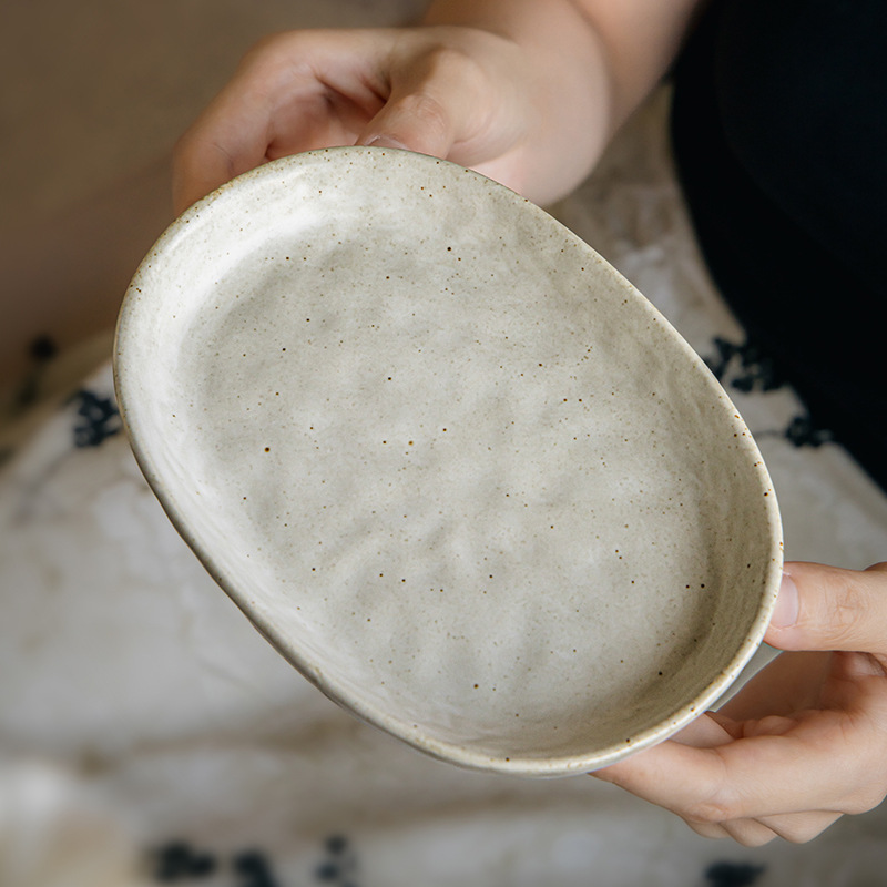 做旧手捏纹日式粗陶椭圆盘料理寿司盘创意小吃碟甜品盘跨境出口
