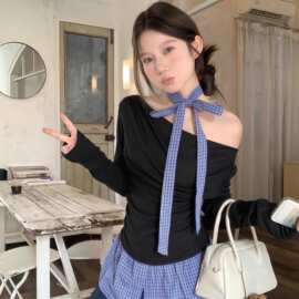 【人棉＋原版格子】高级感长袖T恤女秋季新款韩系修身内搭打