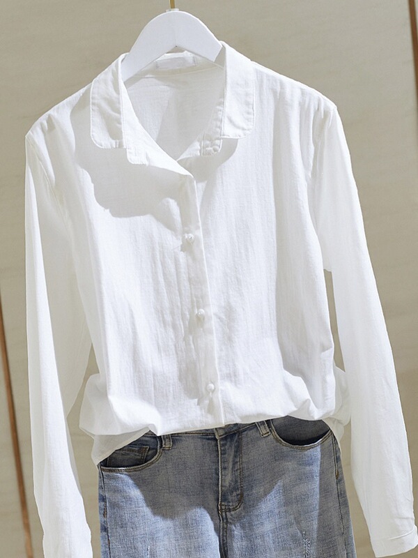 Women's new spring cotton-linen white shirt, loose-fitting long-sleeve top with a unique design, all-cotton and stylish Women's new spring cotton-linen white shirt, loose-fitting long-sleeve top with a unique design, all-cotton and stylish