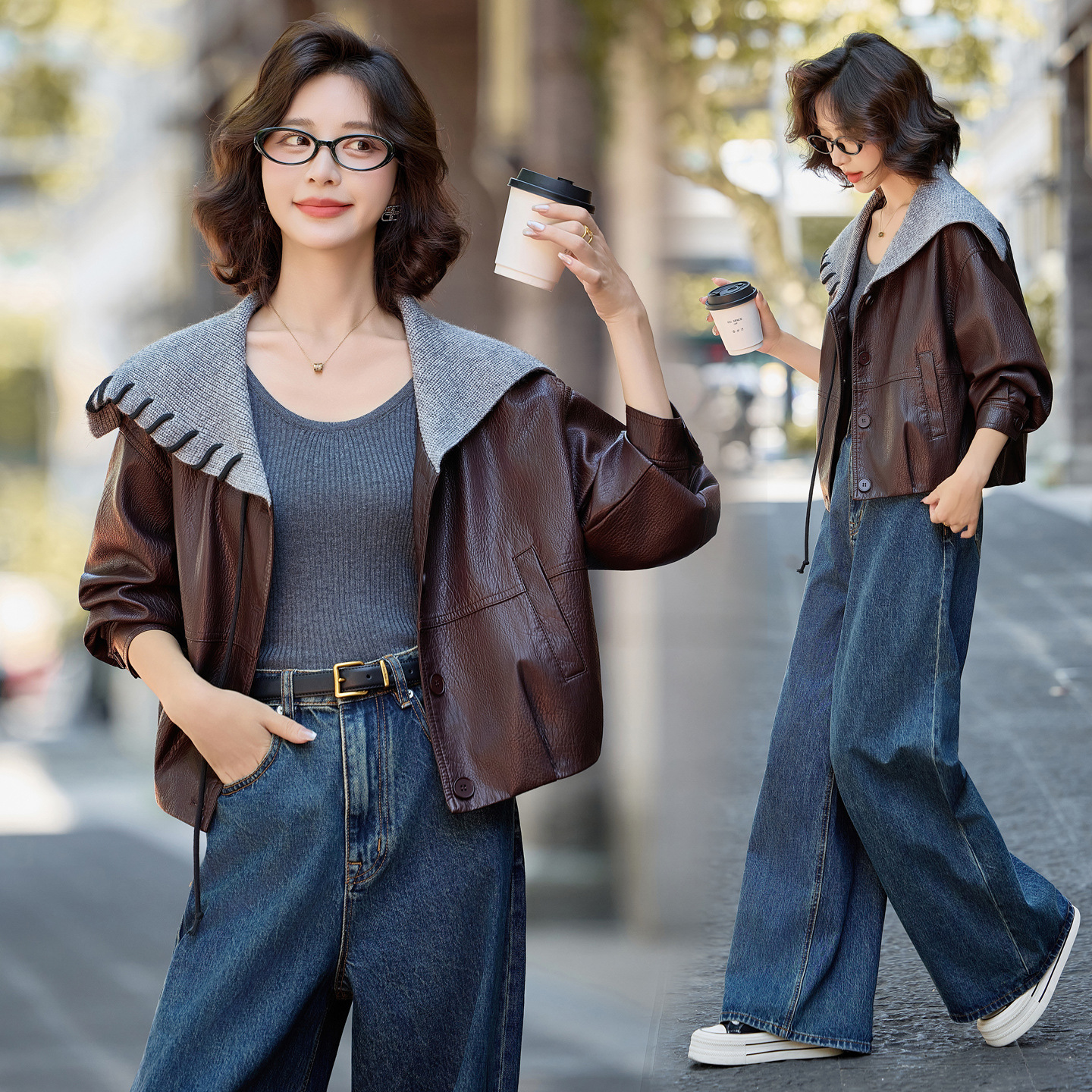 2025 New Autum Women's Short Leather Jacket Fashionable Korean Style Woolen Collar Jacket Motorcycle Jacket Top