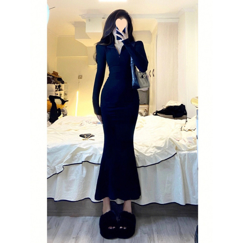 2025 new pure long-sleeved fishtail dress for women in autumn and winter slim fit and slim pornographic sister hot girl hip-packing long skirt