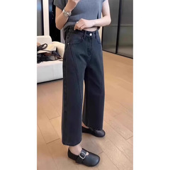FYQ-20266の煙の灰色の高い腰の弾力性の9分のジーパンの女性の春の新型の復古のゆったりしているストレートなズボン