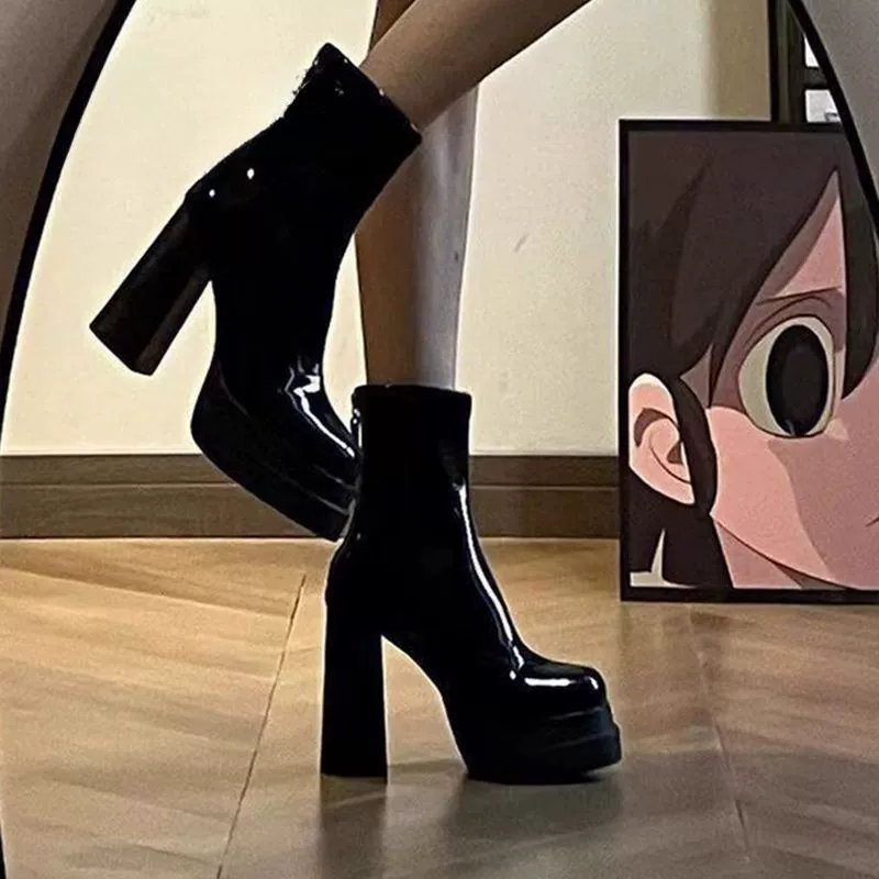 Британские каблуки на высоком каблуке тощие ботинки корейские толстые каблуки нескользящие ботинки на молнии 2023 осень зима новые ботинки Martin