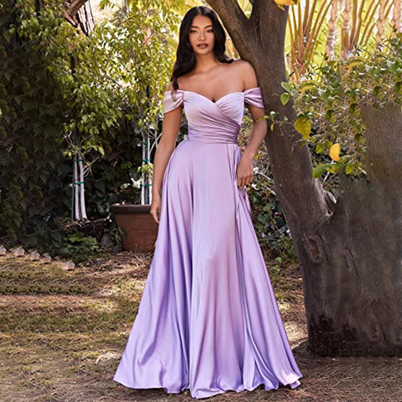 Flowy off-the-shoulder satin bridesmaid dress wedding slit ruched formal dress evening gown long prom dress