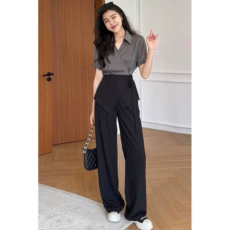 Модный костюм для женщин лето 2025, новый стиль, уменьшающий возраст, стройнящий, для работы, рубашка с коротким рукавом, широкие брюки, комплект из двух предметов, трендовый