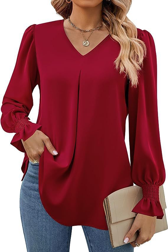 Las mujeres europeas y americanas transfronterizas de Amazon Otoño e Invierno nueva camisa de gasa sólida con cuello en V suéter camisa de manga larga de cuerno