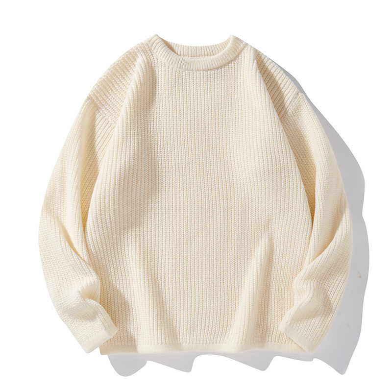 Men's Casual Knit Sweater Loose Fit Round Neck Long Sleeve Pullover Soft Polyester Blend, Minimalist Solid Color For Autumn Winter (Black, Beige)_voghion.com